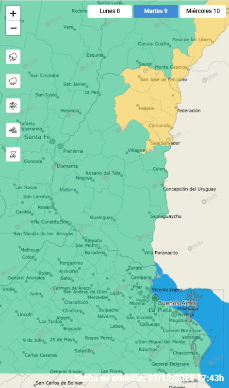 alt="Los departamentos para los que rige un alerta por tormentas para este martes."