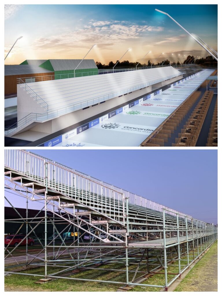 alt="Tribunas del Carnaval de Concordia: las proyectadas de cemento y las tubulares de acerro del presente"