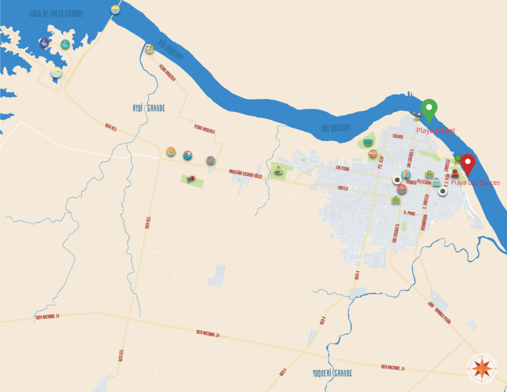 alt="mapa con pin rojo que señala la suspensión de Playa Los Sauces (y pin verde en Playa Nébel que continúa habilitada"