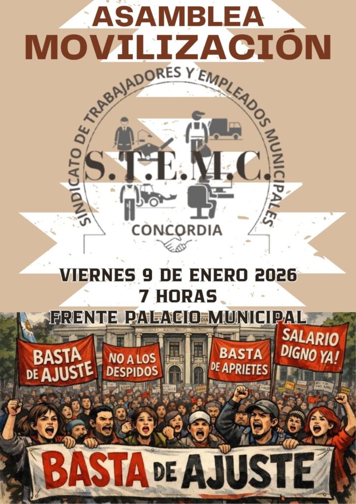 alt="Cartel sindical convocando a una concentración frente a la Municipalidad de Concordia ante el creciente onflicto por los contratos no renovados"