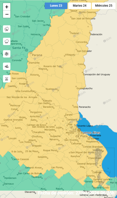 alt="el área en la que rige la alerta amarilla por tormentas en Entre Ríos"