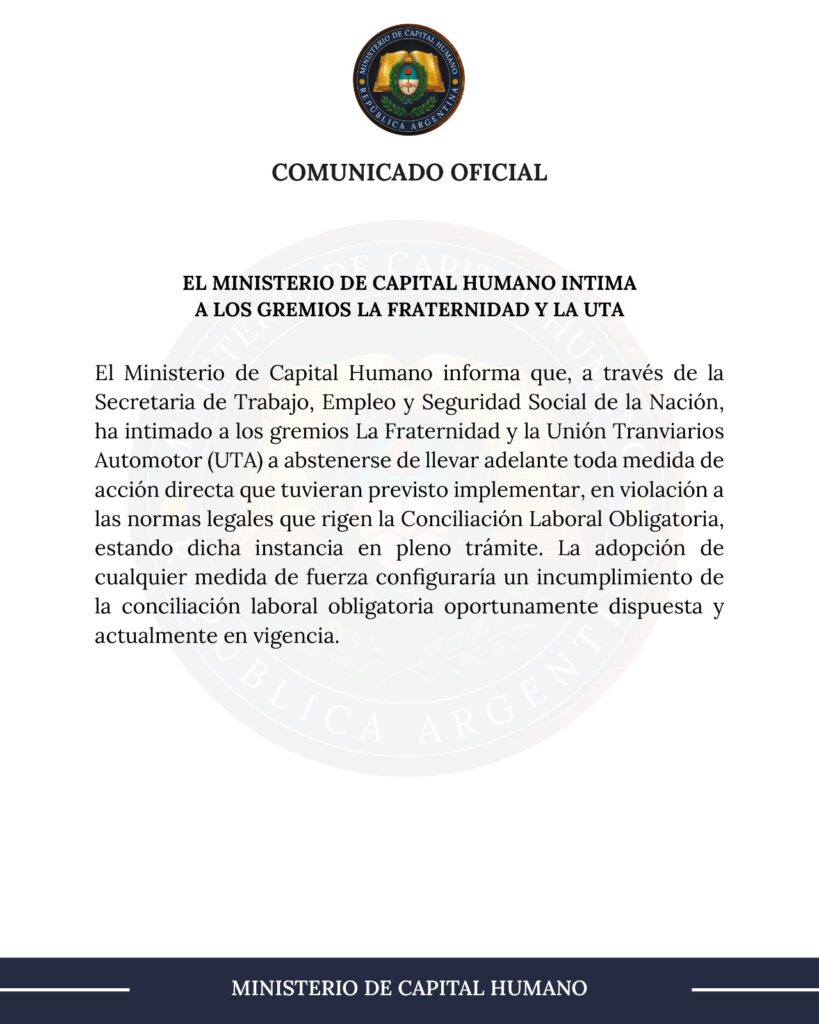 alt="comunicado del Ministerio de Capital Humano del gobierno nacional intimando a los gremios La Fraternidad y UTA ante el paro de colectivos y de trenes"