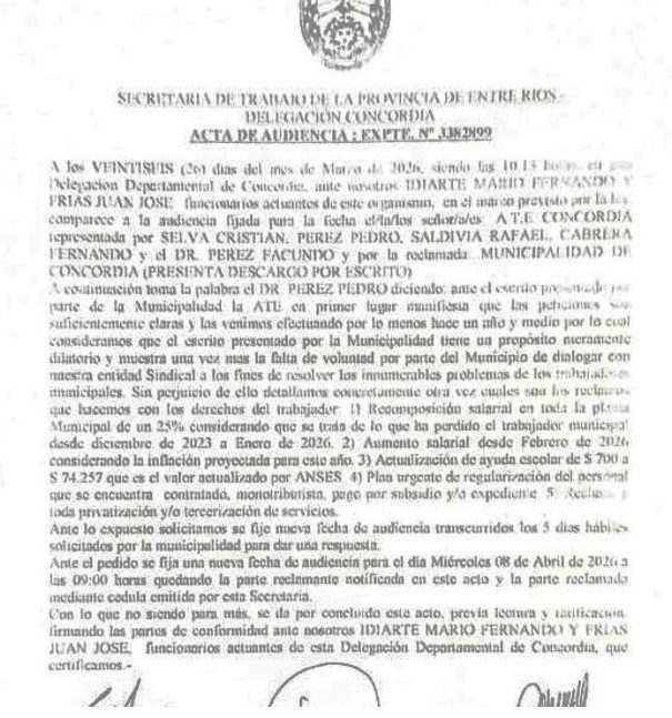 alt="Acta de la audiencia del 26 de marzo de 2026 referida al conflicto salarial en Concordia"