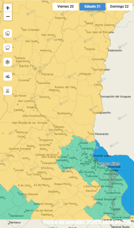 alt="Gráfico del mapa de Entre Ríos que marca la alerta amarilla para toda la provincia"