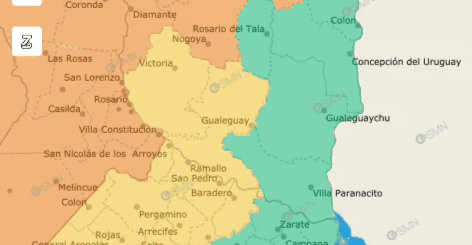 alt="Mapa del SMN mostrando la alerta naranja por tormentas en Entre Ríos"
