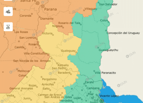 alt="Mapa del SMN mostrando la alerta naranja por tormentas en Entre Ríos"
