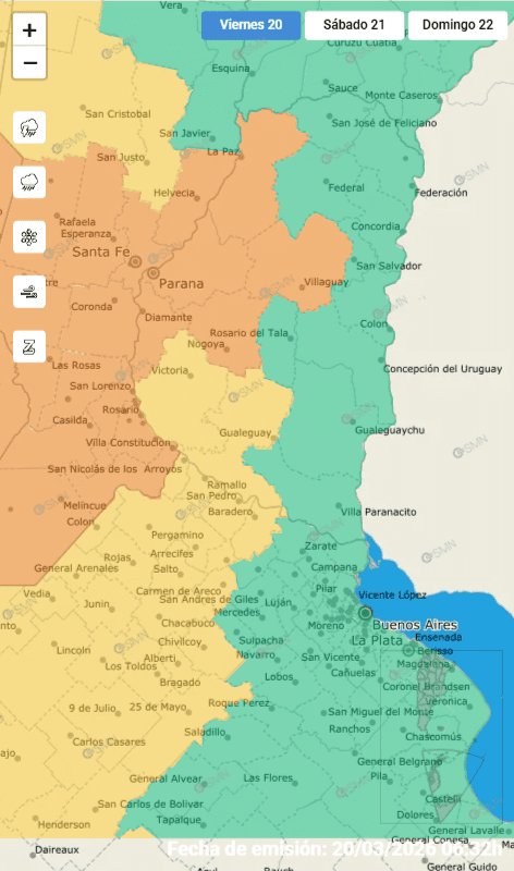alt="Mapa del SMN mostrando la alerta naranja por tormentas en Entre Ríos"