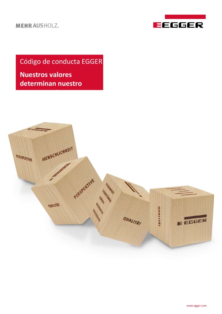 alt="Portada del Código de Conducta de Egger, vigente desde octubre de 2023, que establece los compromisos ambientales de la multinacional austríaca y cuyo artículo 9 sobre protección del medio ambiente está en el centro del debate en el conflicto ambiental con Egger en Concordia"