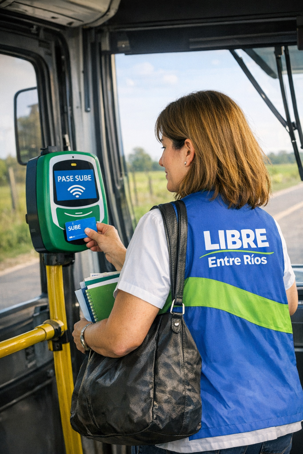 alt="Docente utilizando el boleto docente gratuito en un colectivo de Entre Ríos"