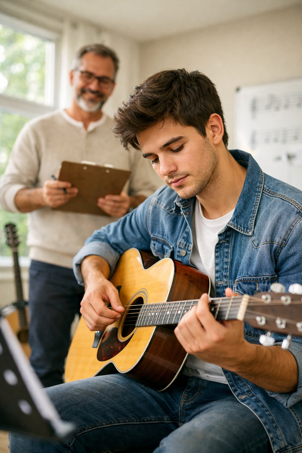 alt="Joven tocando la guitarra durante clases de música en Concordia"