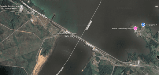 alt="Vista aérea de la zona de exclusión de la represa de Salto Grande – en la parte inferior-, donde se desarrollaría el proyecto de pesca del dorado en Salto Grande"