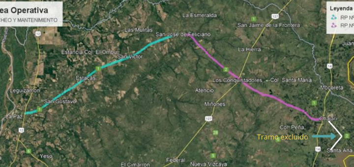 alt="Tramos de las Rutas provinciales 1 y 2 de Entre Ríos, incluídos y no incluidos en la financiación del BID"