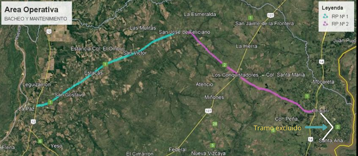 alt="Tramos de las Rutas provinciales 1 y 2 de Entre Ríos, incluídos y no incluidos en la financiación del BID"