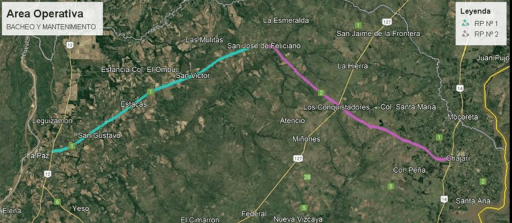 alt="Mapa de rutas provinciales 1 y 2 de Entre Ríos con tramos incluidos y excluidos del financiamiento"