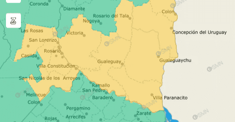 alt="mapa con las zonas coloreadas de amarillo donde rige el alerta amarillo en la provincia de Entre Ríos"