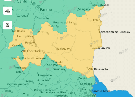 alt="mapa con las zonas coloreadas de amarillo donde rige el alerta amarillo en la provincia de Entre Ríos"