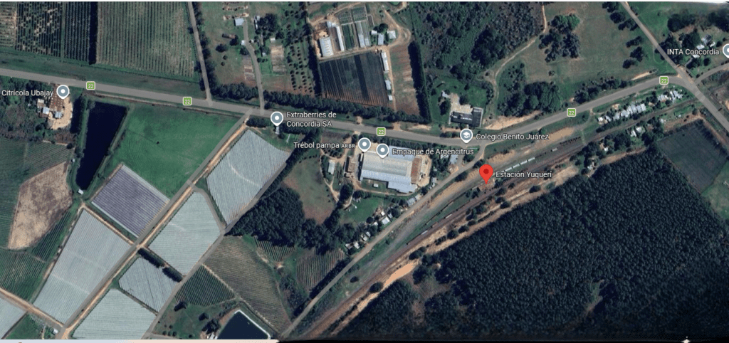 alt="Mapa satelital de Estación Yuquerí, zona afectada por el corte de luz en Concordia"