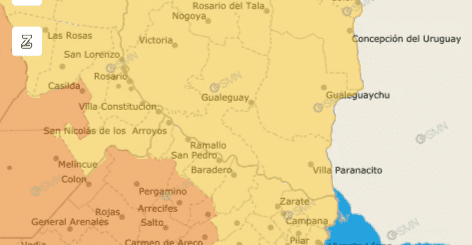 alt="mapa de la provincia de Entre Ríos de color amarillo debido a la alerta emitida por el Servicio Meteorológico Nacional"