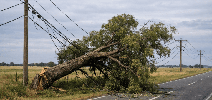 alt="Árbol caído sobre líneas eléctricas de media tensión causando cortes de luz en Concordia"