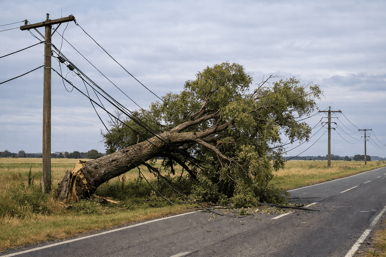 alt="Árbol caído sobre líneas eléctricas de media tensión causando cortes de luz en Concordia"