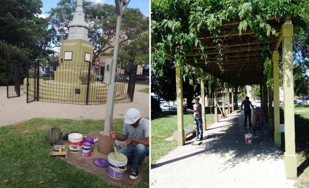 alt="trabajos en la plaza Urquiza de Concordia tras cometerse actos de vandalismo"