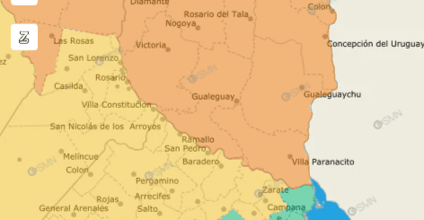 alt="Mapa meteorológico de Argentina resaltando la alerta naranja por tormentas en Entre Ríos"