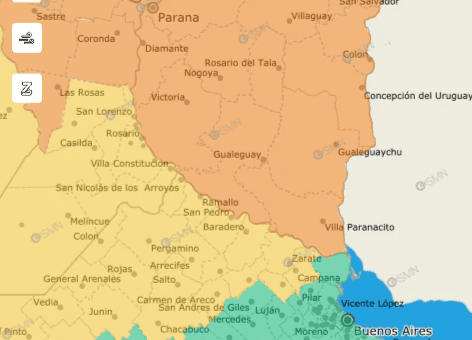 alt="Mapa meteorológico de Argentina resaltando la alerta naranja por tormentas en Entre Ríos"