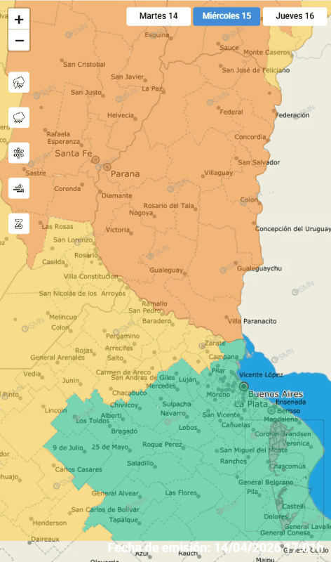 alt="Mapa meteorológico de Argentina resaltando la alerta naranja por tormentas en Entre Ríos"