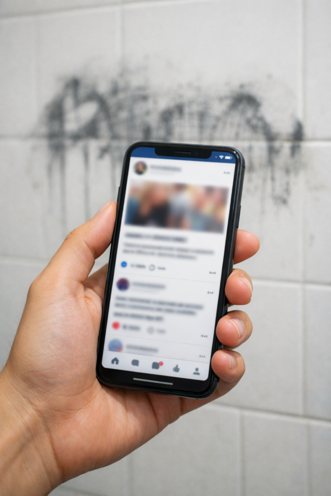 alt="Joven mirando redes sociales vinculadas a amenazas de tiroteos en escuelas"