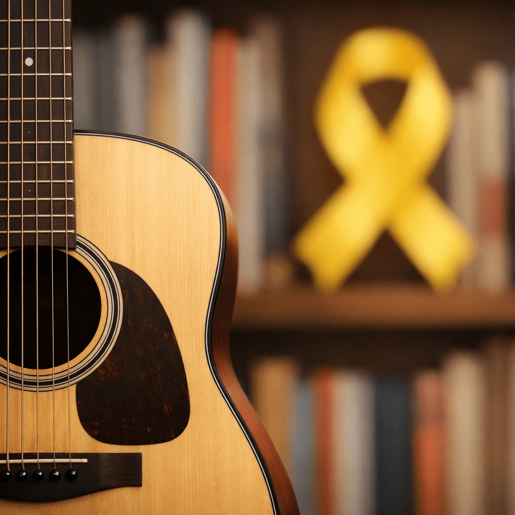 alt="Guitarra y lazo amarillo de fondo que representan la prevención del suicidio en Concordia"