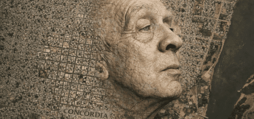 alt="Retrato de Jorge Luis Borges, figura central del concurso de poesía Jorge Luis Borges, emergiendo de la topografía urbana de la ciudad de Concordia"
