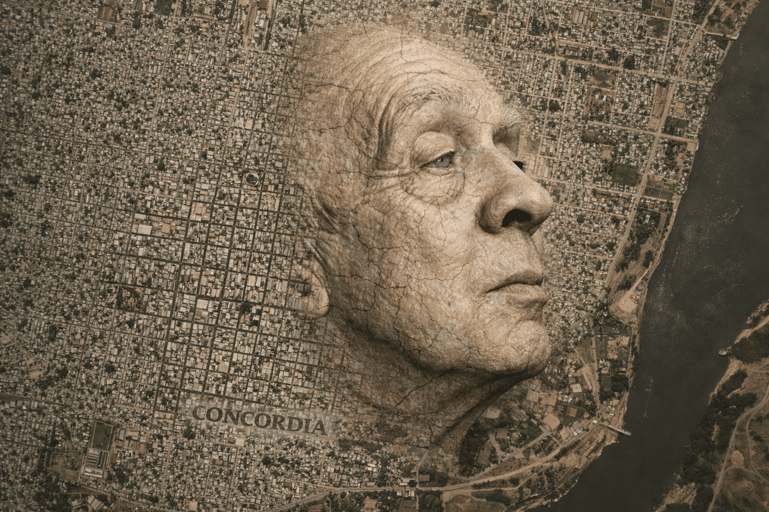 alt="Retrato de Jorge Luis Borges, figura central del concurso de poesía Jorge Luis Borges, emergiendo de la topografía urbana de la ciudad de Concordia"