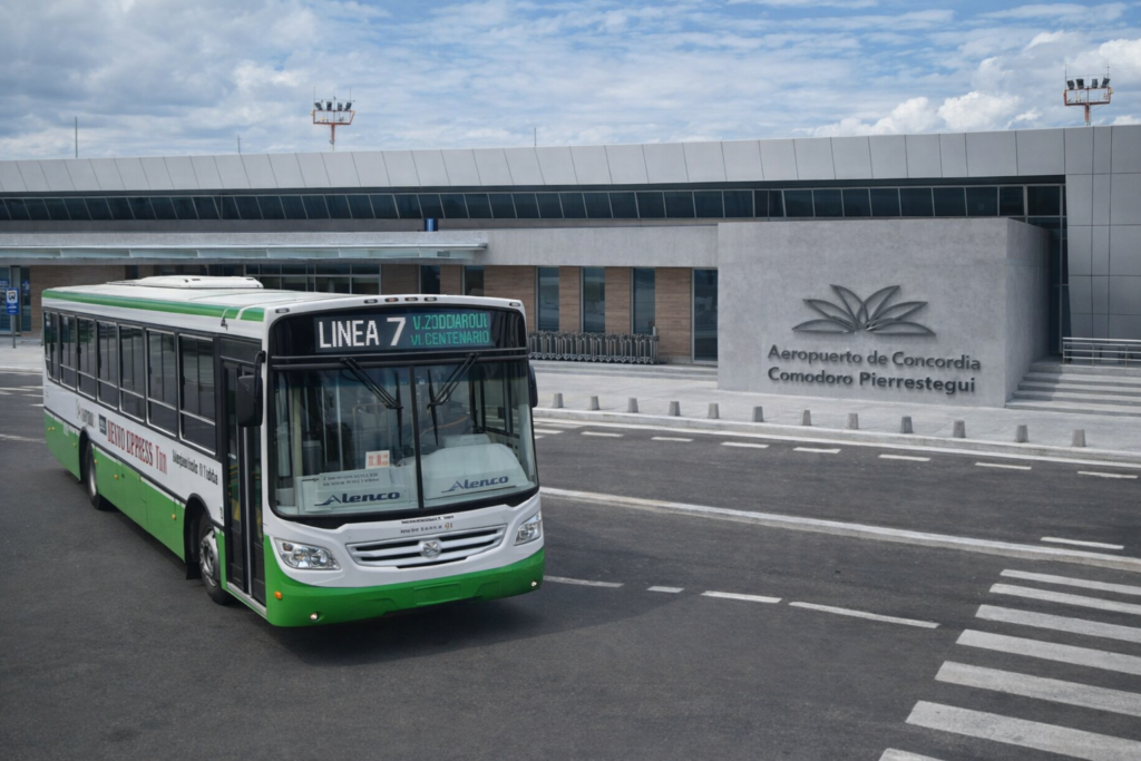 alt="Colectivo de la Línea 7 en el ingreso al Aeropuerto de Concordia, parte de las mejoras previstas para el transporte al aeropuerto en la misma sesión en que se aprobó la nueva gestión de la Costanera"