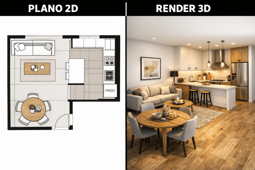 alt="Imagen comparativa que muestra, a la izquierda, un plano 2D de un departamento con cocina, comedor y sala de estar; y a la derecha, un render 3D generado con inteligencia artificial que representa el mismo ambiente con muebles, iluminación y texturas realistas"