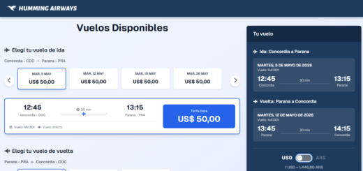 alt="'Vuelos Concordia-Paraná con Humming Airways: pantalla del sistema de reservas mostrando los martes disponibles de mayo de 2026 y la tarifa base de 50 dólares por tramo"