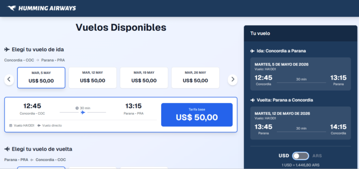 alt="'Vuelos Concordia-Paraná con Humming Airways: pantalla del sistema de reservas mostrando los martes disponibles de mayo de 2026 y la tarifa base de 50 dólares por tramo"