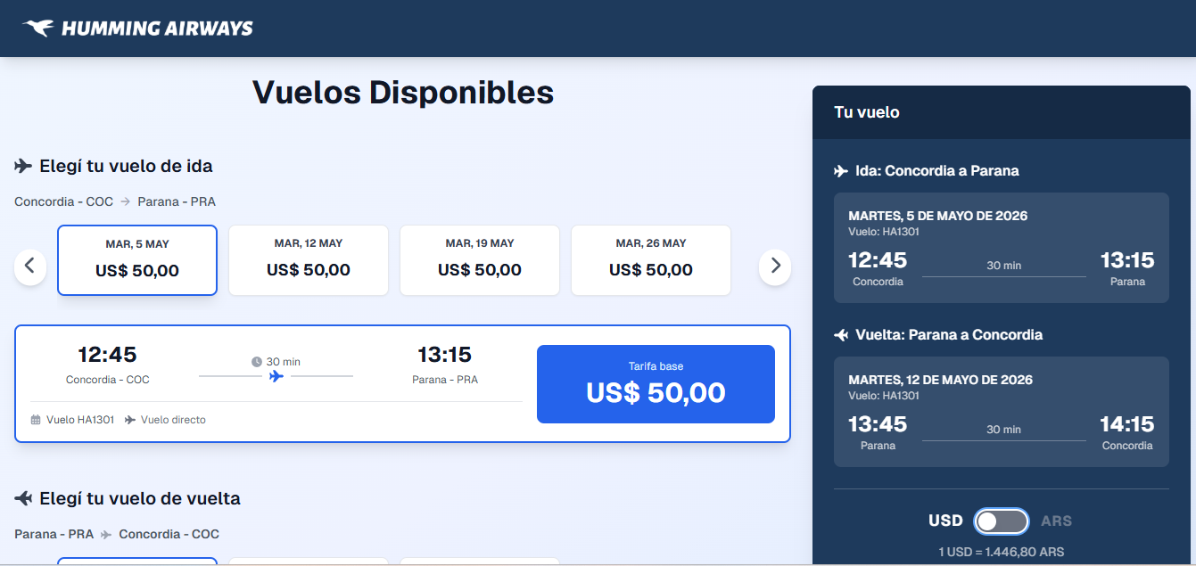 alt="'Vuelos Concordia-Paraná con Humming Airways: pantalla del sistema de reservas mostrando los martes disponibles de mayo de 2026 y la tarifa base de 50 dólares por tramo"