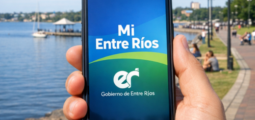 alt="Smartphone mostrando la aplicación para realizar el trámite de VTV en Entre Ríos frente al río"