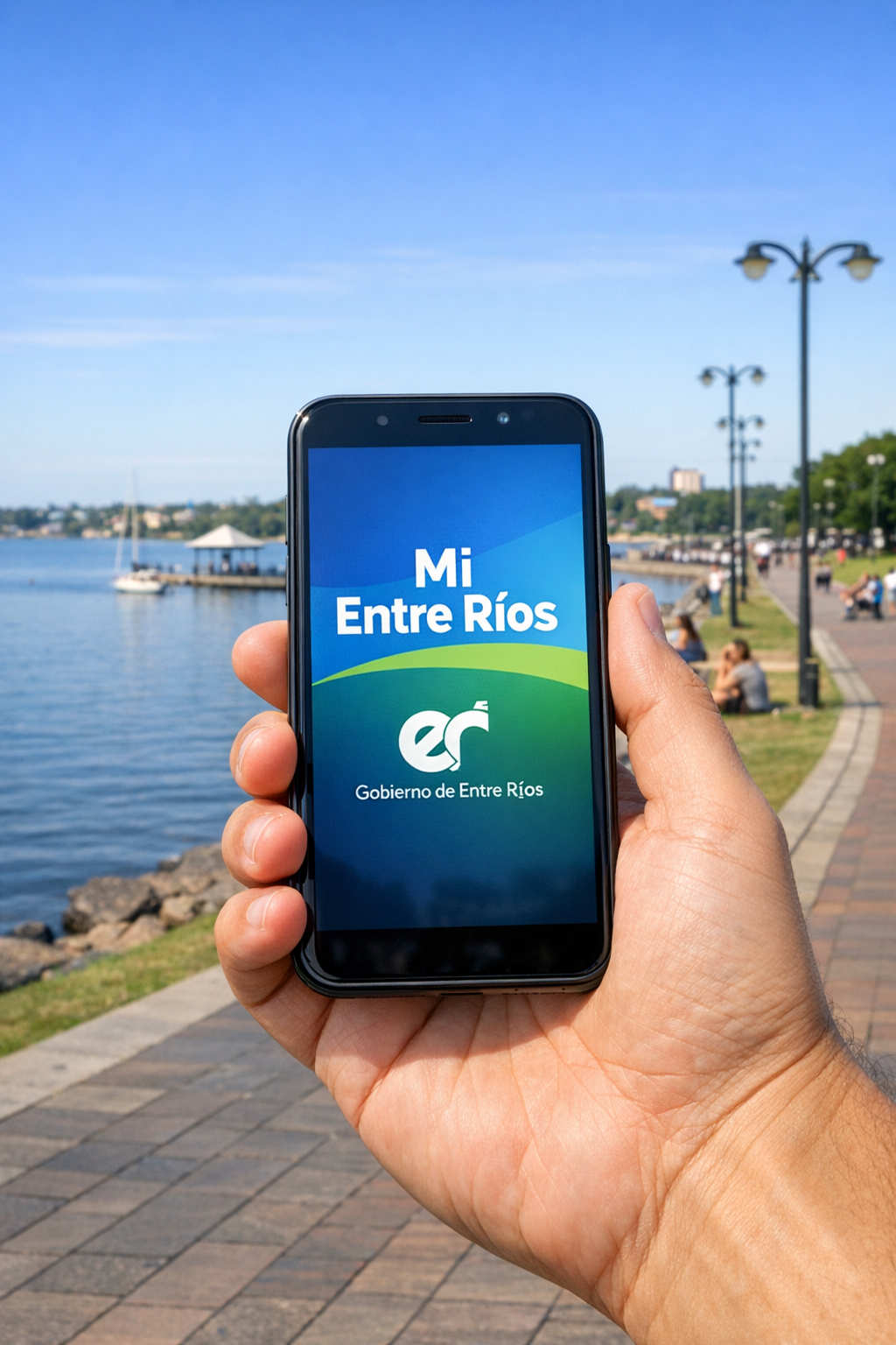 alt="Smartphone mostrando la aplicación para realizar el trámite de VTV en Entre Ríos frente al río"