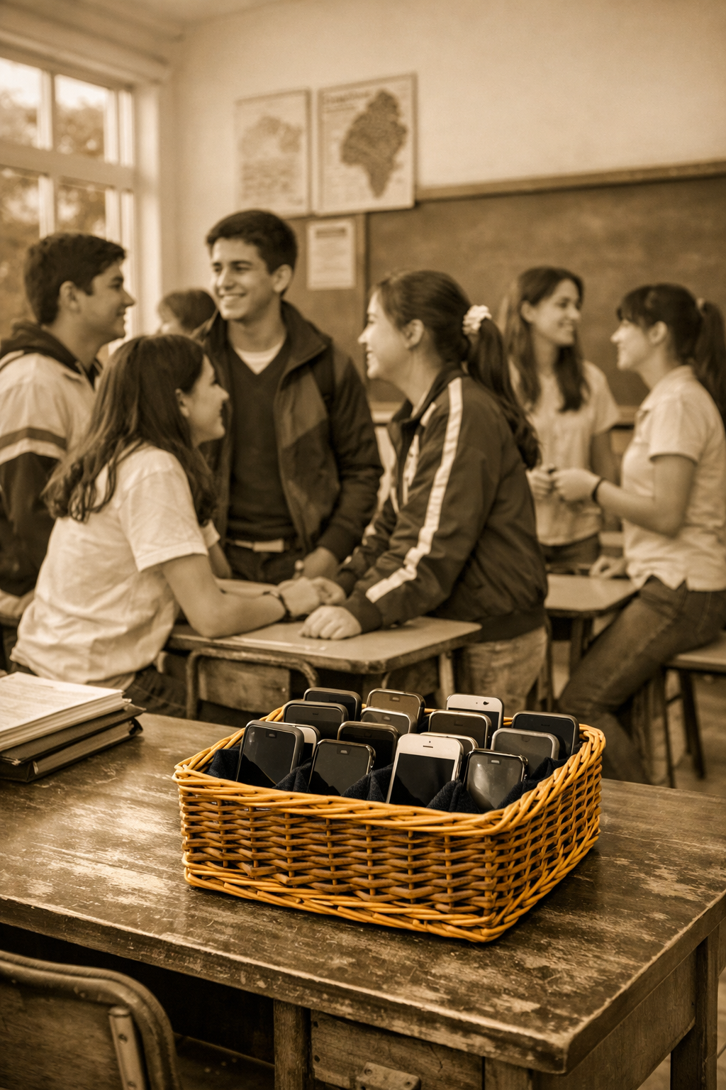 alt="Estudiantes conversando en un aula con teléfonos guardados, en el marco del proyecto de prohibición de celulares en escuelas entrerrianas"