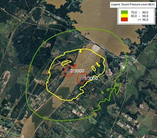 alt="Mapa satelital con círculos de colores que muestran el alcance de 5km de la prueba de sirenas de Salto Grande"