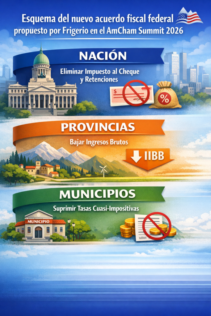 alt="Esquema del nuevo acuerdo fiscal federal propuesto por Frigerio en el AmCham Summit 2026"