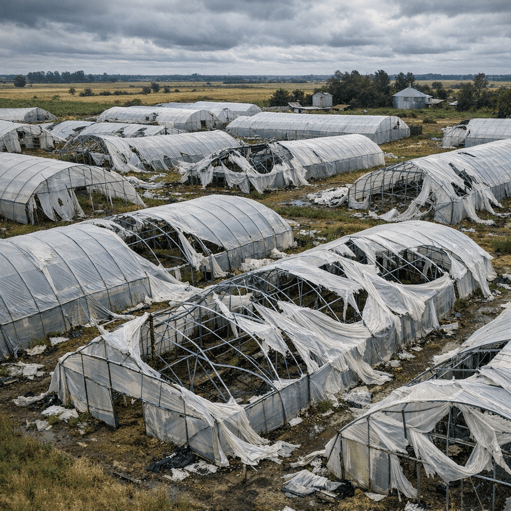 alt="Estructuras de invernaderos similares a las dañadas por granizo en el marco de la emergencia agropecuaria en La Criolla"