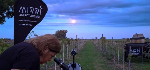 alt="Telescopio frente a viñedos bajo la luna llena para la actividad de astroturismo y enoturismo sustentable en Bodega Cinco Ceibos en Entre Ríos"