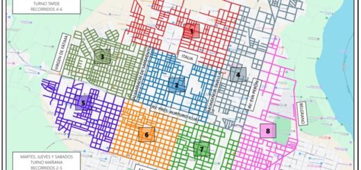 alt="Mapa dividido por colores y números que muestra las zonas de recolección de residuos en Concordia el 1° de mayo"