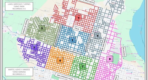 alt="Mapa dividido por colores y números que muestra las zonas de recolección de residuos en Concordia el 1° de mayo"