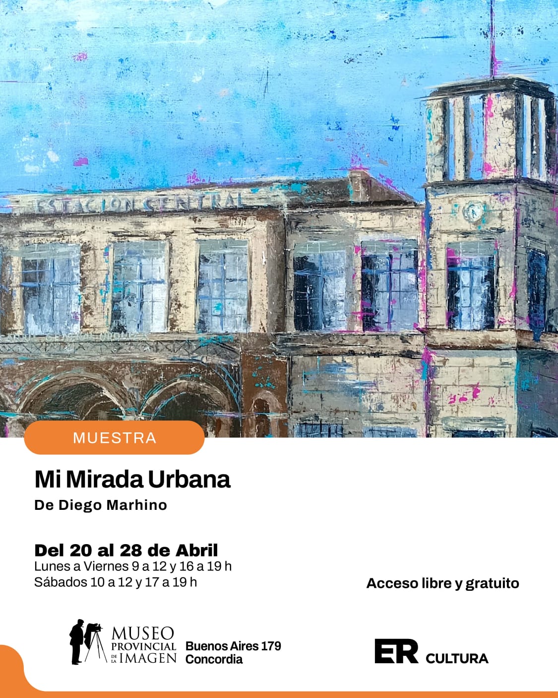 alt="Pintura de la Estación Central para la muestra de Diego Marhino en Concordia"