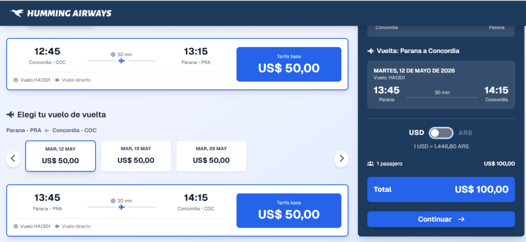 alt="Vuelos Concordia-Paraná con Humming Airways: resumen de reserva de ida y vuelta con total de 100 dólares y tipo de cambio de 1.446,80 pesos por dólar"