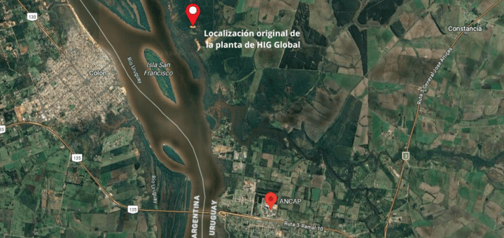 alt="Localización del predio de ANCAP donde se instalará la planta de hidrógeno verde en Paysandú, Uruguay, y ubicación donde originalmente se instalaría HIF Global"