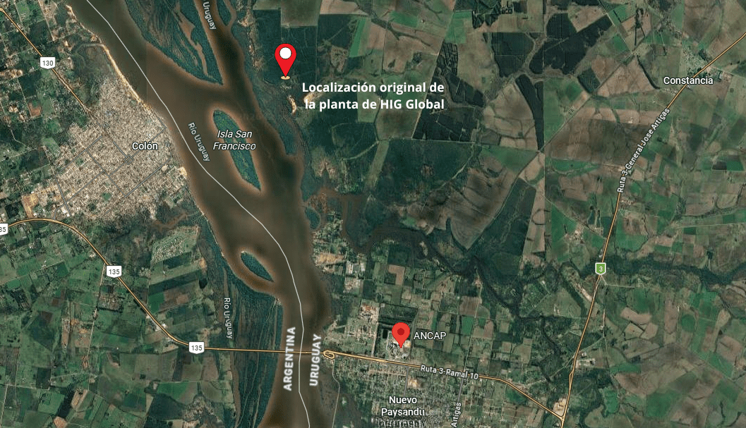 alt="Localización del predio de ANCAP donde se instalará la planta de hidrógeno verde en Paysandú, Uruguay, y ubicación donde originalmente se instalaría HIF Global"